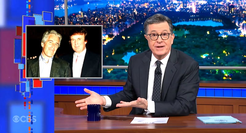 The Late Show with Stephen Colbert, Colbert showing a picture of Trump and Epstein together.