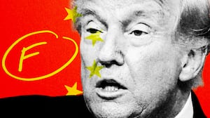 Illo illustration of Donald Trump looking confused staring at a red circled letter f like a failing grade and yellow stars on front of a red background looking like the Chinese flag