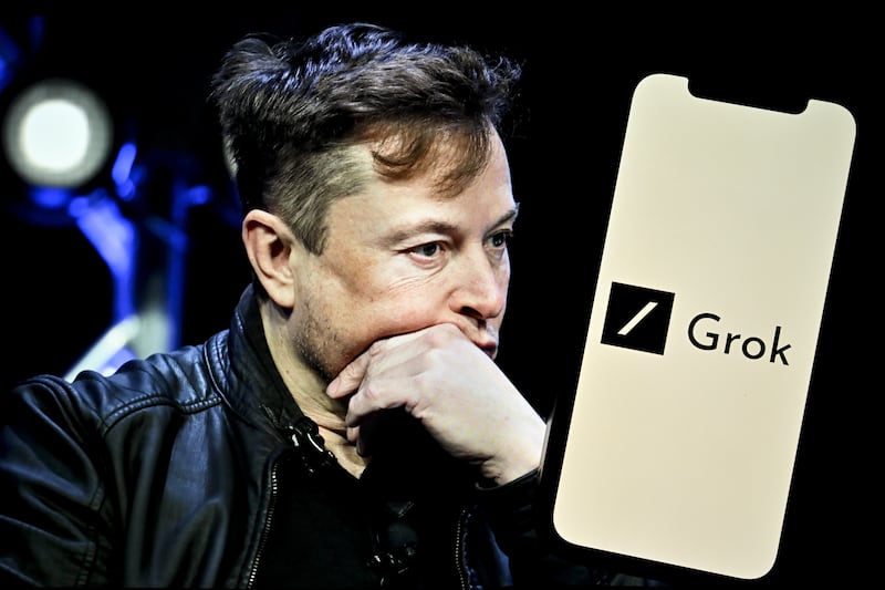 In this photo illustration, Elon Musk's photo is displayed in front of Grok logo on a phone screen, in Ankara, Turkiye on November 7, 2023.