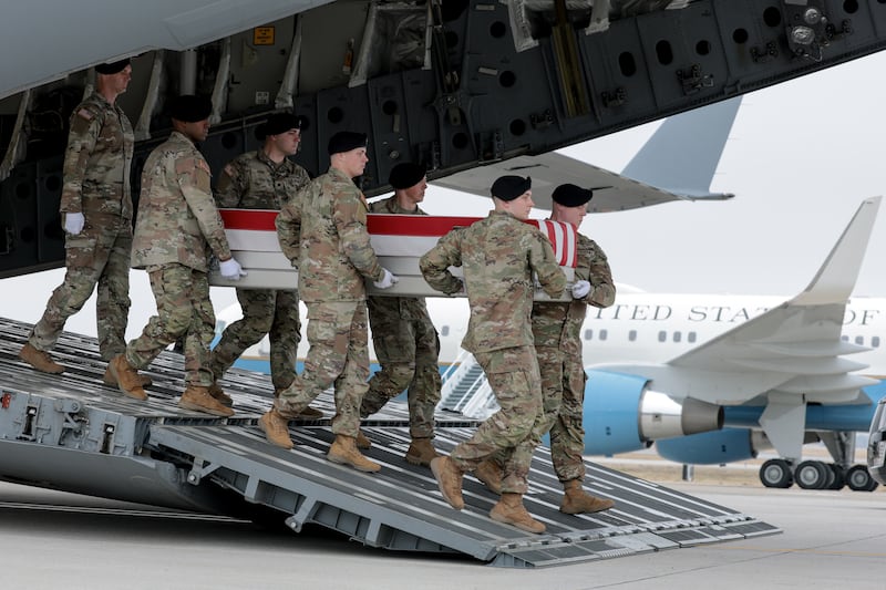 A U.S. Army carry team moves a flag-draped transfer case containing the remains of Maj. Jeffrey R. O'Brien at Dover Air Force Base March 7, 2026 in Dover, Delaware. Six soldiers from the 103rd Sustainment Command were killed in action by an Iranian drone strike March 1 in Port Shuaiba, Kuwait during Operation Epic Fury.