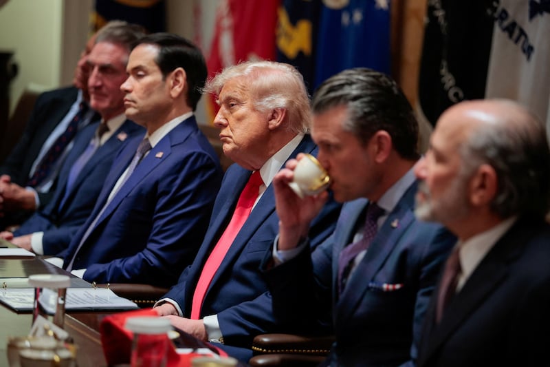 U.S. Interior Secretary Doug Burgum, Secretary of State Marco Rubio, U.S. President Donald Trump, Defense Secretary Pete Hegseth and Commerce Secretary Howard Lutnick attend a cabinet meeting in the Cabinet Room at the White House, in Washington, D.C., U.S., May 27, 2026.