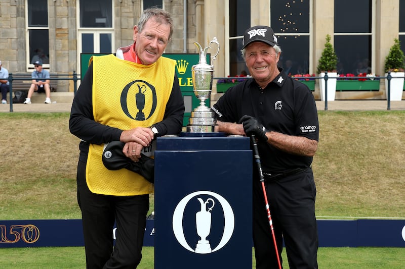 ST ANDREWS, SCOTLAND - JULY 11: Gary Player of South Africa and his caddie Dave King pose for a photo with the Claret Jug during the Celebration of Champions prior to The 150th Open at St Andrews Old Course on July 11, 2022 in St Andrews, Scotland. (Photo by Richard Heathcote/R&A/R&A via Getty Images)