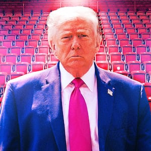 A photo illustration of Donald Trump in an empty stadium.