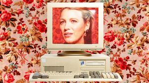 Blake Lively in an old computer with a floral background