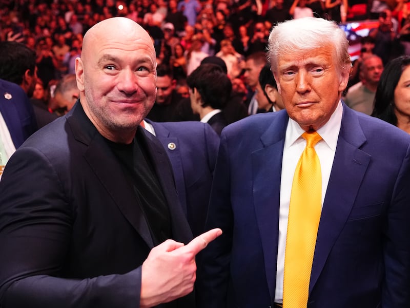 Donald Trump attends the UFC 314 event alongside UFC President and CEO Dana White at Kaseya Center on April 12, 2025 in Miami, Florida.