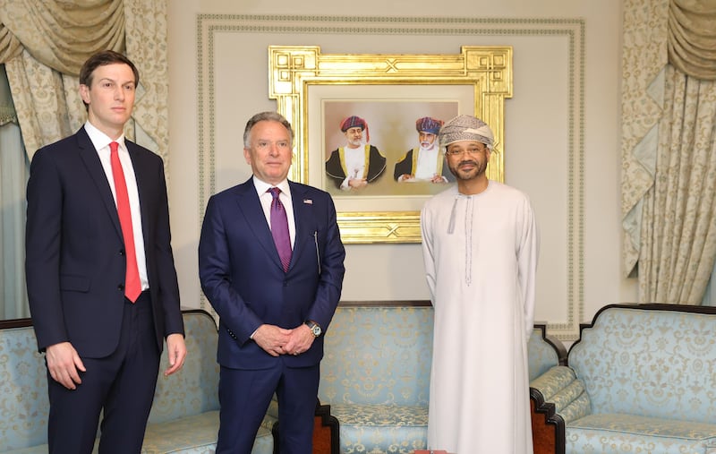 Omani Foreign Minister Sayyid Badr Hamad Al Busaidi, Steve Witkoff and Jared Kushner meet ahead of the US-Iran talks, in Muscat, the capital of Oman, on February 06, 2026