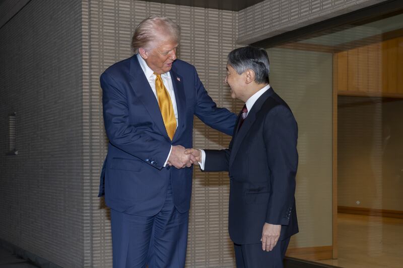 U.S. President Donald J. Trump (L) meets with Japan's Emperor Naruhito (R) in Tokyo, Japan on October 27, 2025.