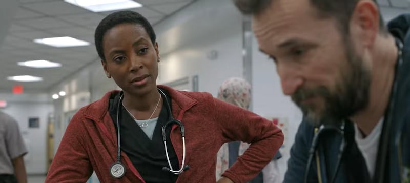 Dr. Collins (Tracy Ifeachor) and Robby (Noah Wyle) on “The Pitt.”