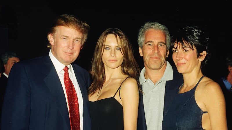 From left, American real estate developer Donald Trump and his girlfriend (and future wife), former model Melania Knauss, financier (and future convicted sex offender) Jeffrey Epstein, and British socialite Ghislaine Maxwell pose together at the Mar-a-Lago club, Palm Beach, Florida, February 12, 2000.