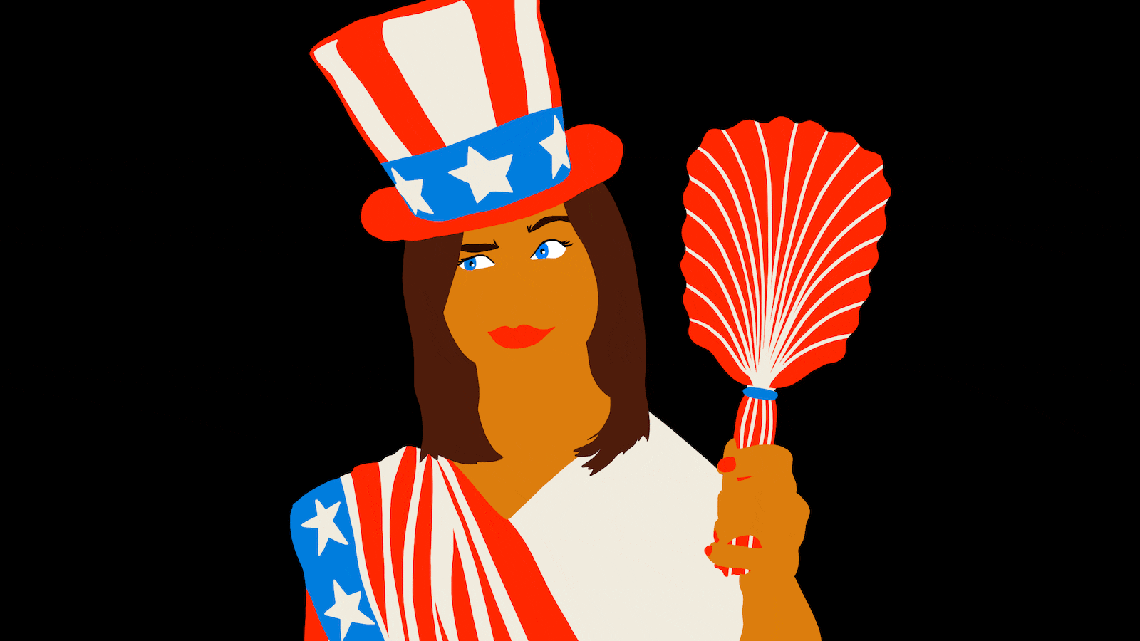 Woman as Columbia wearing an Uncle Sam hat holding a mirror, looking back and forth