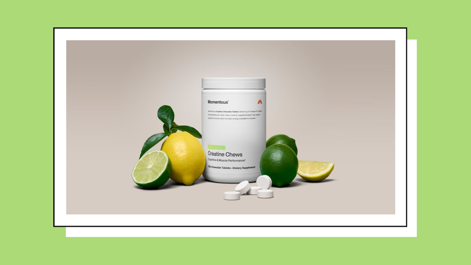 Momentous Creatine Chews lemon lime flavor container displayed with fresh lemons and limes on a beige background, surrounded by chewable tablets. Clean product photography highlighting natural citrus ingredients and sports nutrition focus.