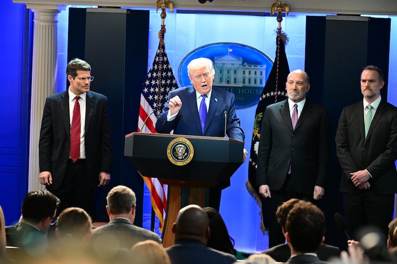 President Donald Trump speaks during a press conference at the White House, Washington, D.C., US on February 20, 2026. The Supreme Court of the United States struck down some of President Trump's sweeping tariffs on imported goods, but left the door open for the White House to use other tools to impose the controversial levies.