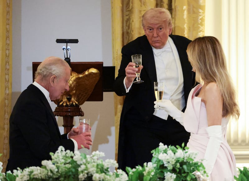 U.S. President Donald Trump raises a toast during a state dinner for Britain's King Charles and Queen Camilla at the White House in Washington, D.C., U.S., April 28, 2026. REUTERS/Evelyn Hockstein