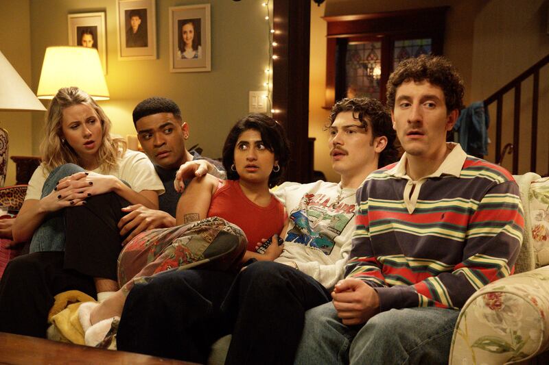 FX's Adults -- Ep. 204 -- Pictured: (l-r) Lucy Freyer as Billie, Owen Thiele as Anton, Amita Rao as Issa, Jack Innanen as Paul Baker, Malik Elassal as Samir. CR: Michael Gibson/FX