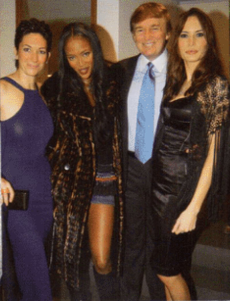 An image of Ghislaine Maxwell, Donald Trump, and Melania Trump in Tatler magazine.