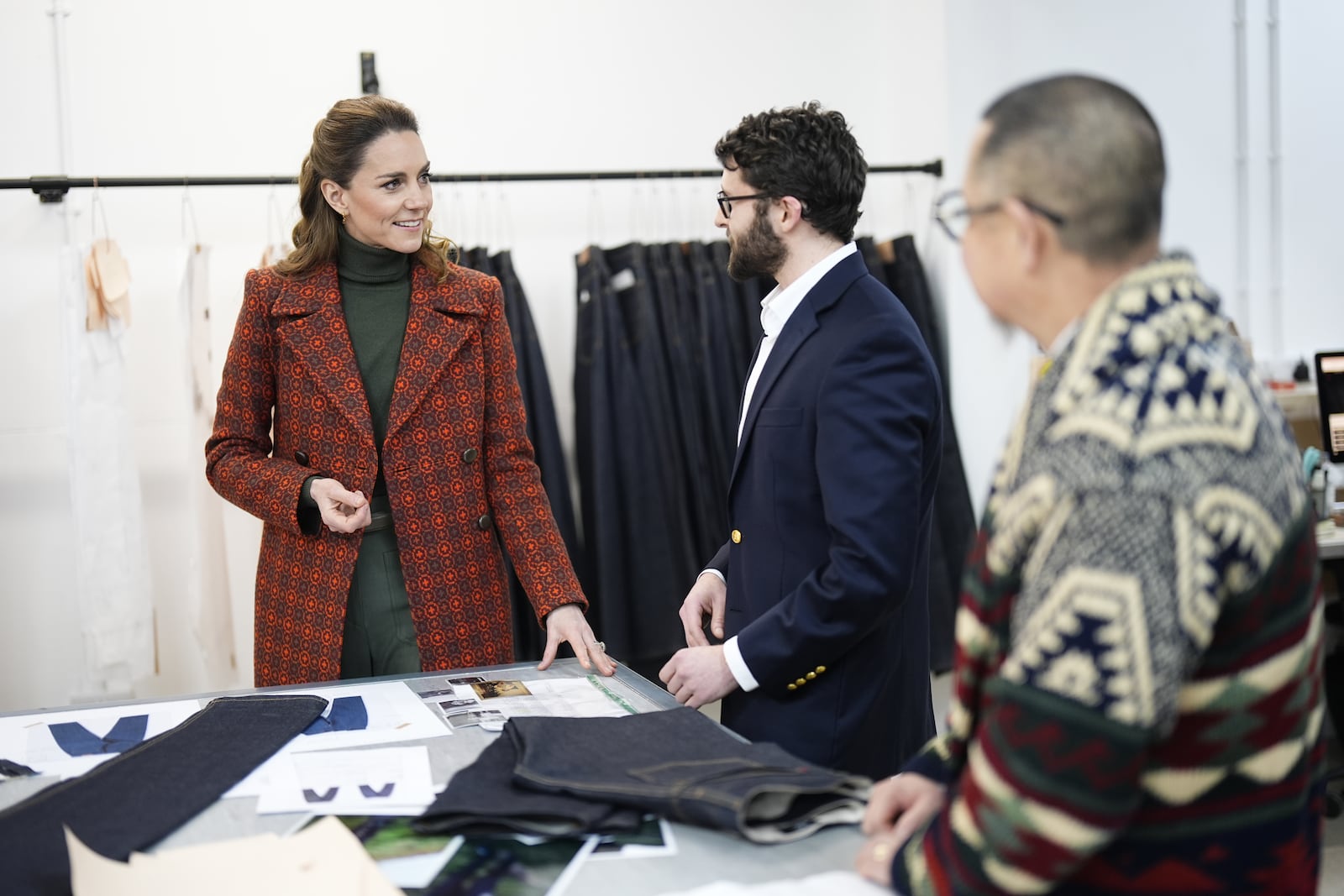 Catherine, Princess of Wales, speaks with members of the design team during a visit to Hiut Denim, a family-owned company that designs and manufactures premium jeans entirely in the UK, on February 3, 2026, in Cardigan, Wales.