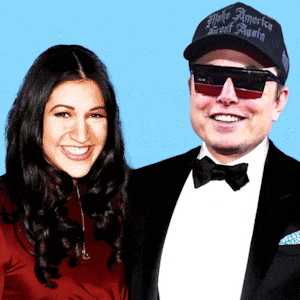 Katie Miller with husband Stephen Miller with Elon Musks's face falling down over Stephen's