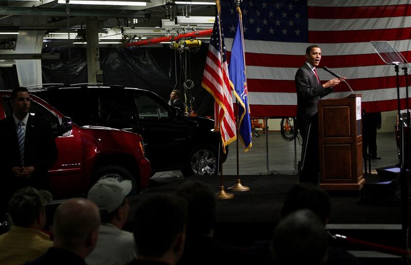 Democratic presidential candidate Barack Obama speaks to employees at a General Motors assembly plant February 13, 2008 in Janesville. Wisconsin.