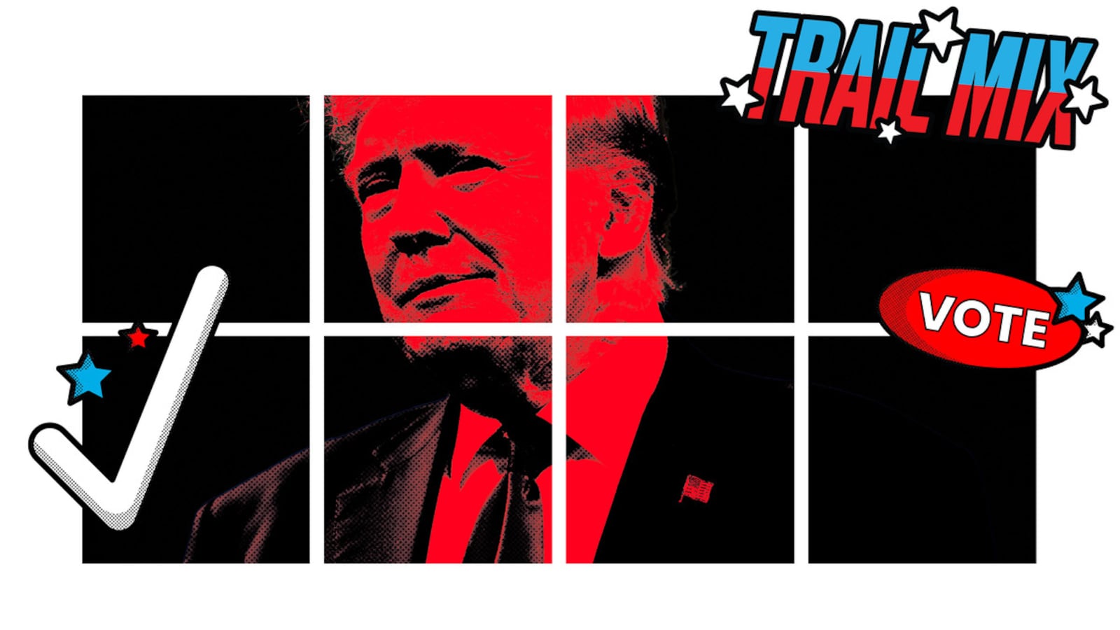 Photo illustration of a red Donald Trump in a black grid.