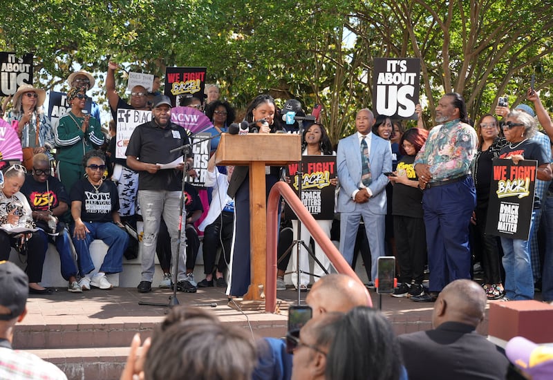 Dee Reed, Alabama State organizing manager for Black Voters Matter, speaks at a rally over voting rights and redistricting outside the state capitol in Montgomery, Alabama, U.S. May 4, 2026.