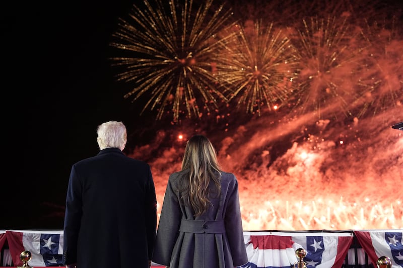 U.S. President-elect Donald Trump, Melania Trump and family watch fireworks at Trump National Golf Club, Saturday, Jan. 18, 2025, in Sterling, Va.     Alex Brandon/Pool via REUTERS