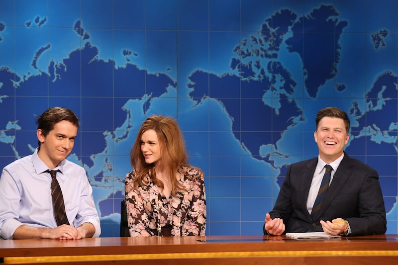 Andrew Dismukes, Ashley Padilla, and anchor Colin Jost during Weekend Update on Saturday, November 1, 2025.