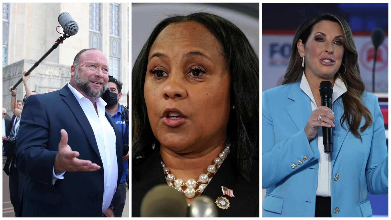 Alex Jones speaks with media after day six of trial. Fani Willis speaks to the media after a Grand Jury brought back indictments. Ronna McDaniel speaks to the audience before the start of the second Republican candidates' debate