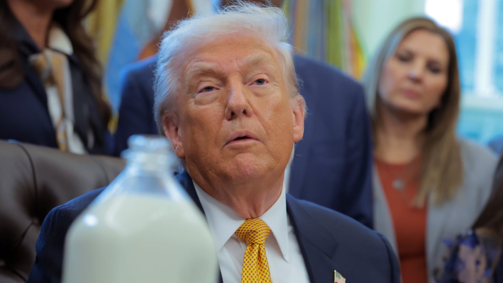 WASHINGTON, DC - JANUARY 14: U.S. President Donald Trump speaks during a bill signing with dairy farmers in the Oval Office of the White House on January 14, 2026 in Washington, DC. Trump is expected to sign a series of bills including the "Whole Milk for Healthy Kids Act" to allow the sale of whole milk in school cafeterias across the country. (Photo by Anna Moneymaker/Getty Images)