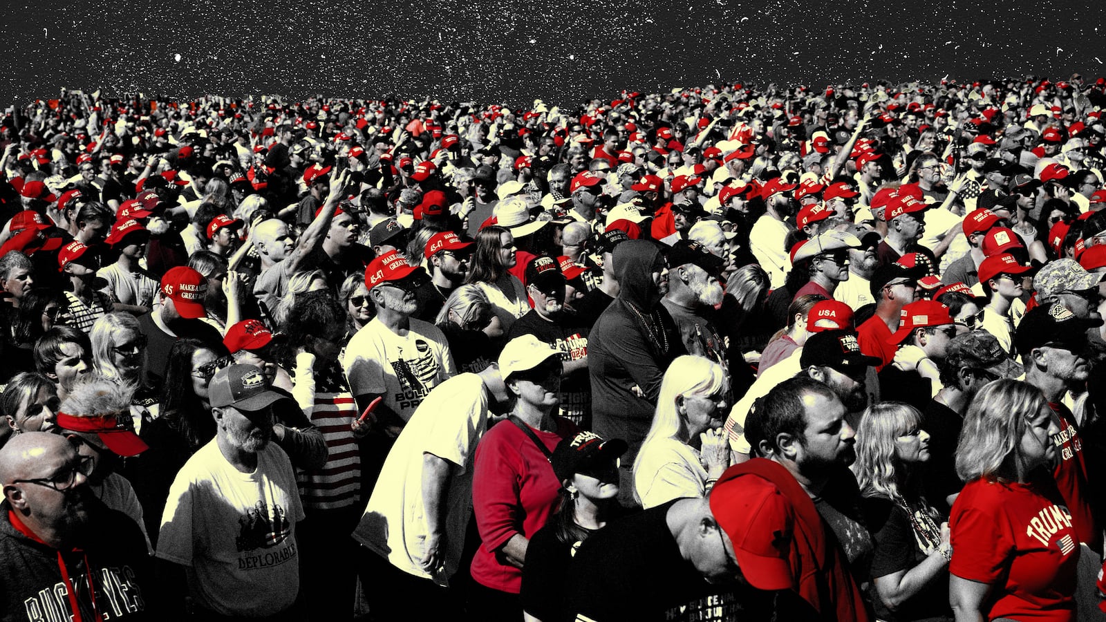 A photo illustration of a crowd of Trump MAGA supporters at a rally.