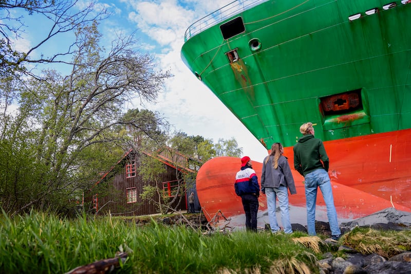 A 135-meter-long container ship is pictured by the shore as bystanders watch after it ran aground almost hitting a house in the Trondheimsfjord outside Byneset by Trondheim, Norway, on May 22, 2025. (Photo by Jan Langhaug / NTB / AFP) / Norway OUT (Photo by JAN LANGHAUG/NTB/AFP via Getty Images)