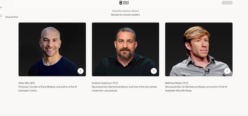 Dr. Andrew Huberman, Dr. Matthew Walker, and Dr. Peter Attia listed as Eight Sleep Scientific Advisory Board.