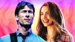 A photo illustration of Glen Powell and Margaret Qualley.