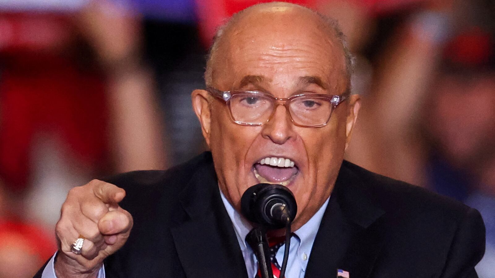 Former mayor of New York City and former Trump lawyer Rudy Giuliani speaks at the Nassau Veterans Memorial Coliseum during a rally held by Donald Trump, in Uniondale, New York, U.S., September 18, 2024.