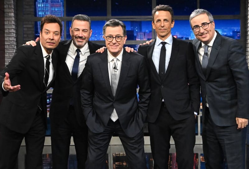 The Late Show with Stephen Colbert, Colbert posing with Fallon, Kimmel, Meyers, Oliver