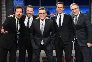 The Late Show with Stephen Colbert, Colbert posing with Fallon, Kimmel, Meyers, Oliver