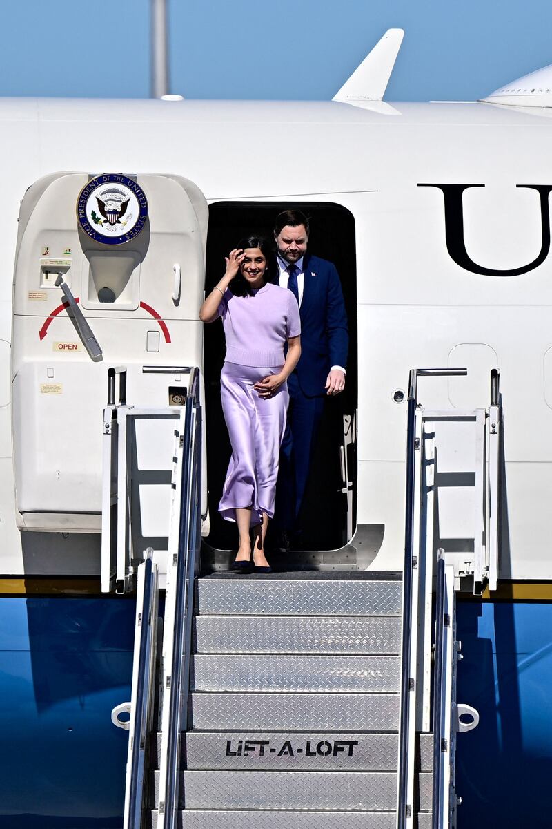 U.S. Vice President JD Vance and second lady Usha Vance arrive aboard Air Force Two at Budapest Ferenc Liszt International Airport in Budapest, Hungary, April 7, 2026. REUTERS/Marton Monus