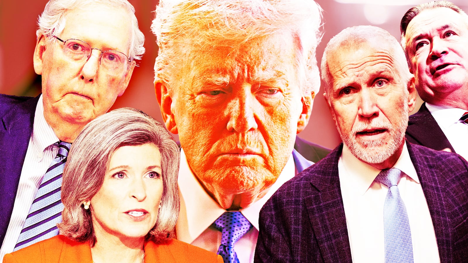 A photo illustration of Trump, Don Bacon, Thom Tillis, Mitch McConnell and Joni Ernst.