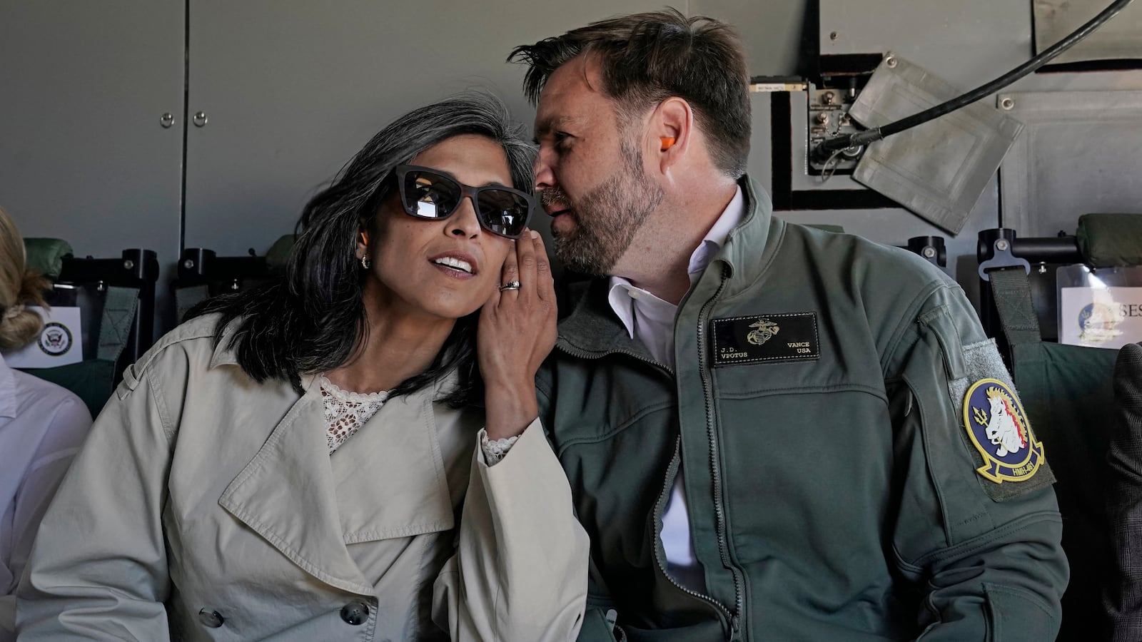 US Vice President JD Vance (R) and US Second Lady Usha Vance chat following an amphibious capabilities demonstration on Red Beach at Camp Pendleton, California, on October 18, 2025 as part of the Marine Corps' 250th anniversary celebrations. (Photo by Oliver Contreras / AFP) (Photo by OLIVER CONTRERAS/AFP via Getty Images)