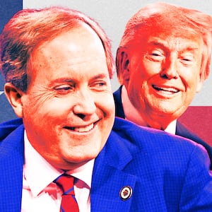 A photo illo illustration of Ken Paxton and Donald Trump.