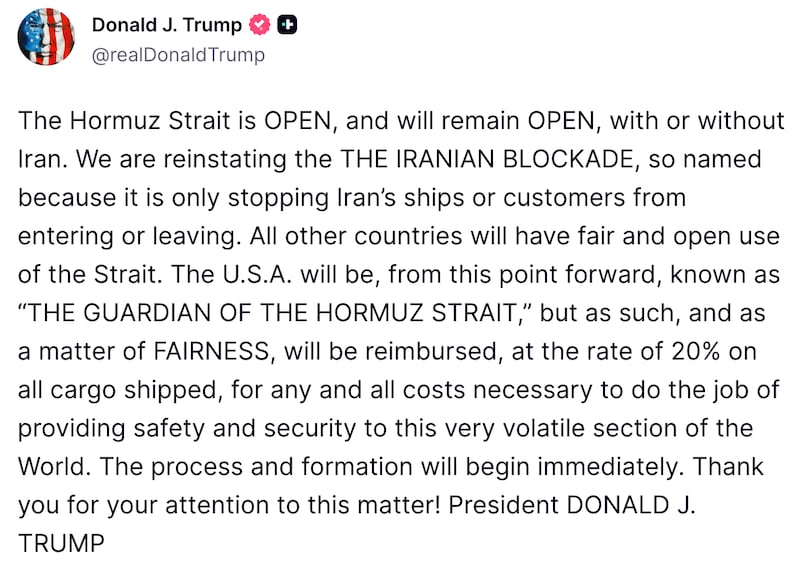 Donald Trump Truth Social post about the Strait of Hormuz
