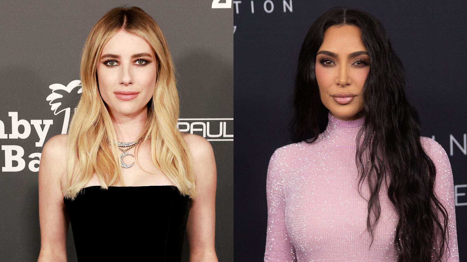 A photo of Emma Roberts on the red carpet and a photo of Kim Kardashian on the red carpet.