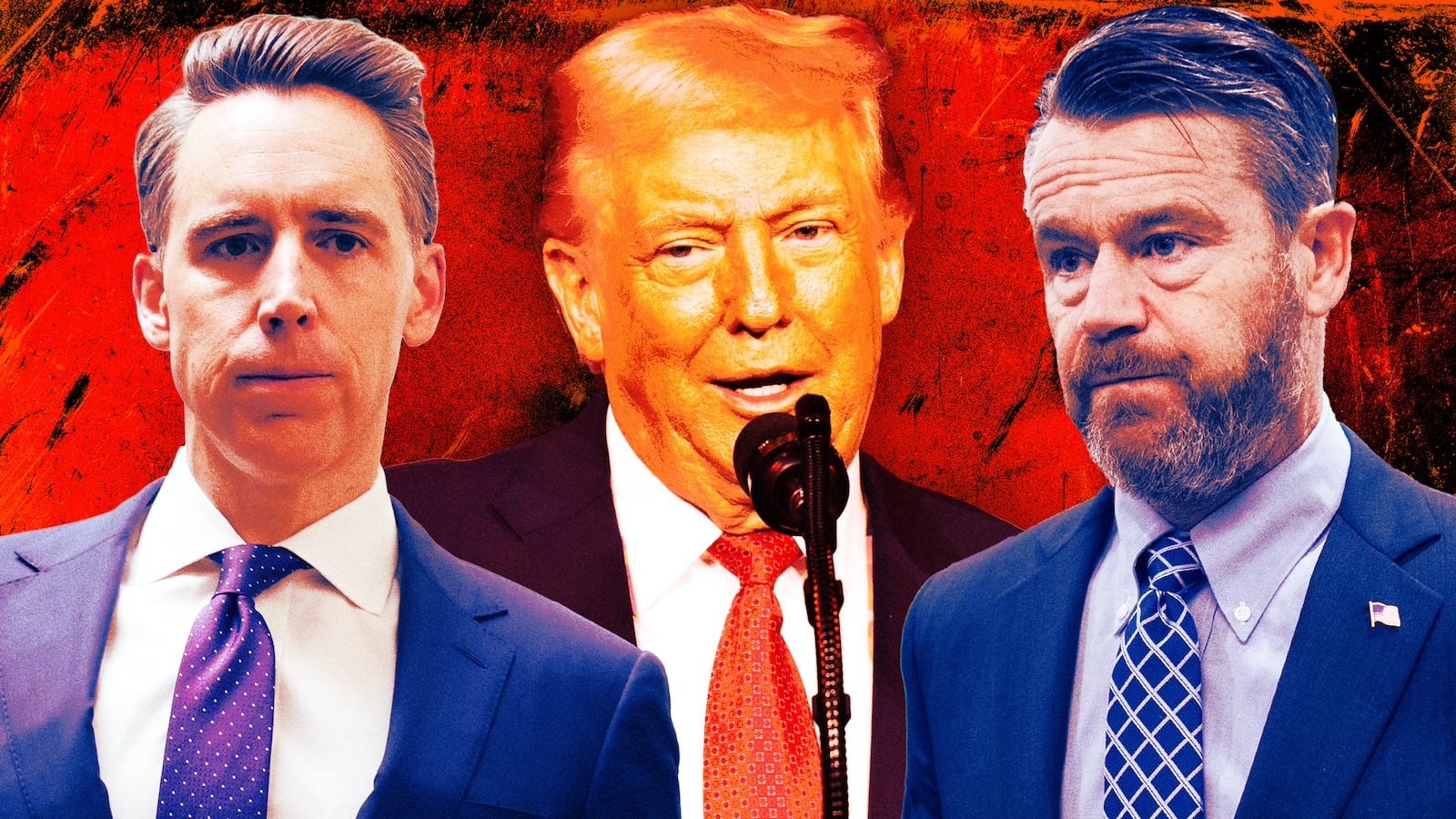 A photo illustration of Todd Young, Josh Hawley and Donald Trump.