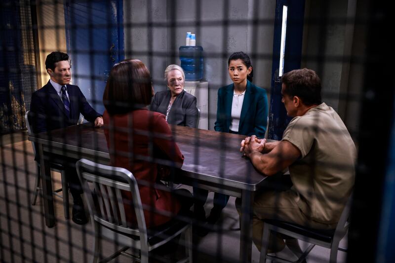 TORONTO - APRIL 17: "Tricks of the Trade Part One" and "Tricks of the Trade Part Two" When Sarah's client is arrested after his business partner is found murdered, Billy attempts to help her handle the case while Matty and Olympia contend with a pressing confidential matter, on a special two-hour first season finale of the CBS Original Series MATLOCK, Thursday, April 17 (9:00-11:00 PM, ET/PT) on the CBS Television Network, and streaming on Paramount+ (live and on demand for Paramount+ with SHOWTIME subscribers, or on demand for Paramount+ Essential subscribers the day after the episode airs)*. Pictured (L-R): David Del Rio as "Billy Martinez", Kathy Bates as "Madeline Matlock", and Leah Lewis as "Sarah Franklin".