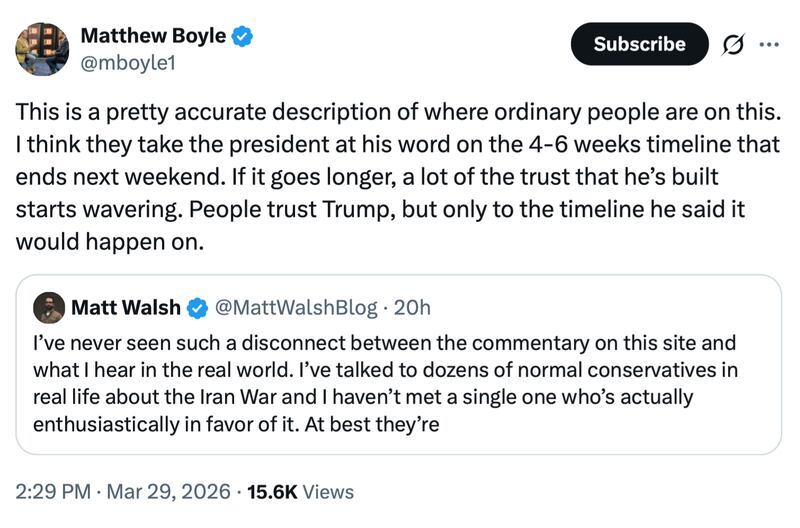 Boyle and Walsh are just a few of the prominent voices on the right who are wary of a long war with Iran. Matthew Boyle/X.
