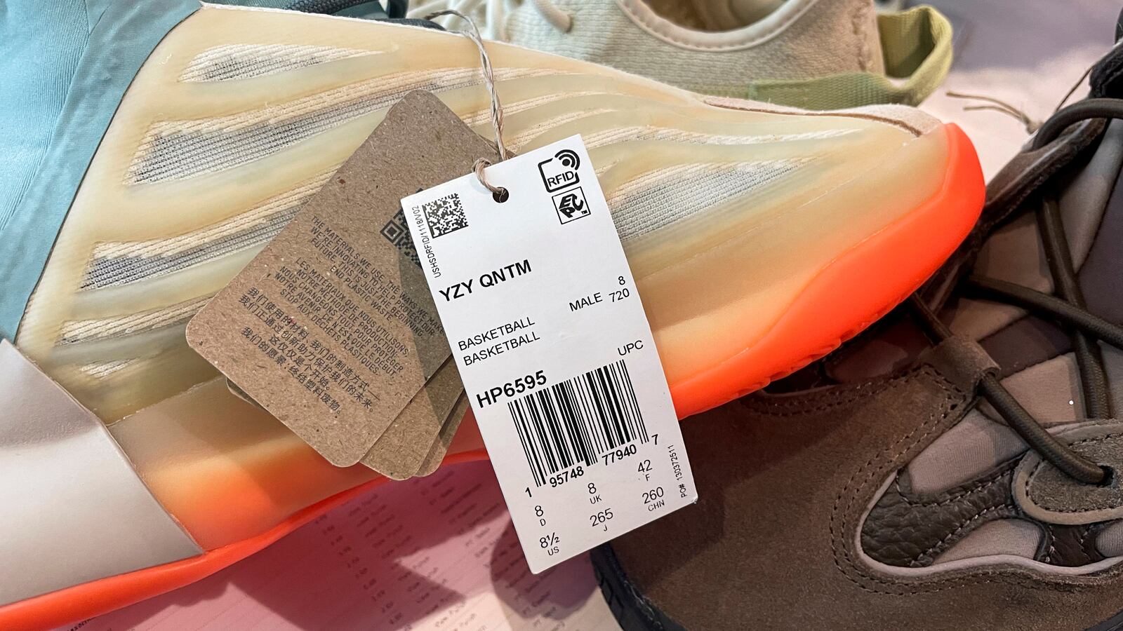 A pair of Yeezy shoes are seen in a Foot Locker store on the day Adidas terminated its partnership with the American rapper and designer Kanye West, now known as Ye, in Garden City, New York, Oct. 25, 2022.