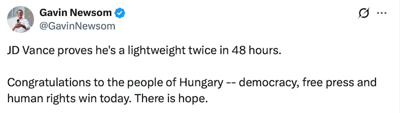 Gavin Newsom posts about JD Vance on X.