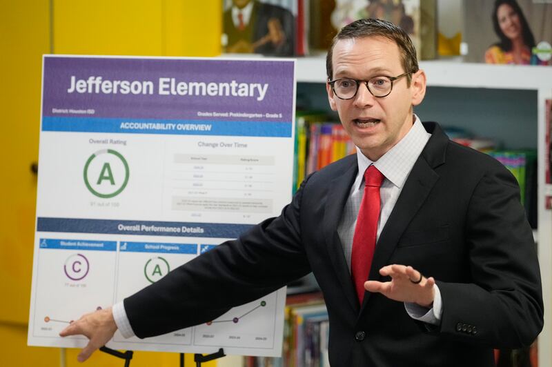 HOUSTON, TEXAS - AUGUST 15: Mike Morath, TEA commissioner, speaks at Thomas Jefferson Elementary School in Houston Friday, Aug. 15, 2025. (Melissa Phillip/Houston Chronicle via Getty Images)