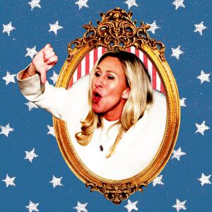 Marjorie Taylor Greene with her thumb down inside a gold frame on a blue star background