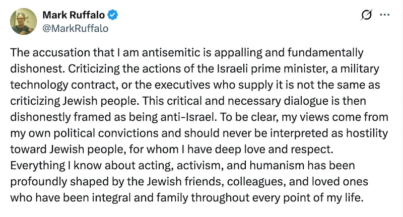 Mark Ruffalo responds to accusations of antisemitism.