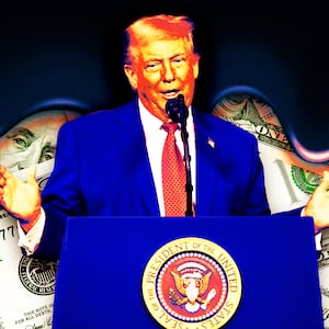 A photo illustration of Donald Trump with oil and money background.